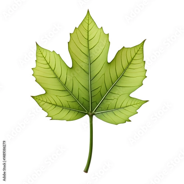 Fototapeta Hyperrealistic depiction of a single, vibrant green maple leaf showcasing intricate vein details and sharp edges against a solid background