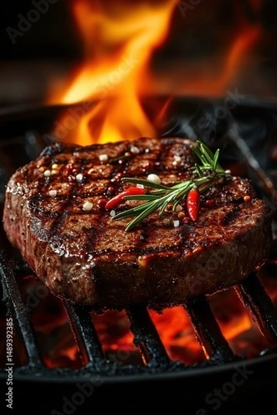Obraz juicy grilled steak cooking over open flame with chili peppers and fresh rosemary garnish on grill