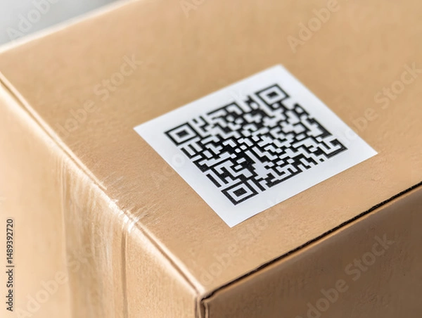 Obraz Closeup of cardboard delivery box with QR code label on top corner, showing packaging and shipping details in clear and focused view