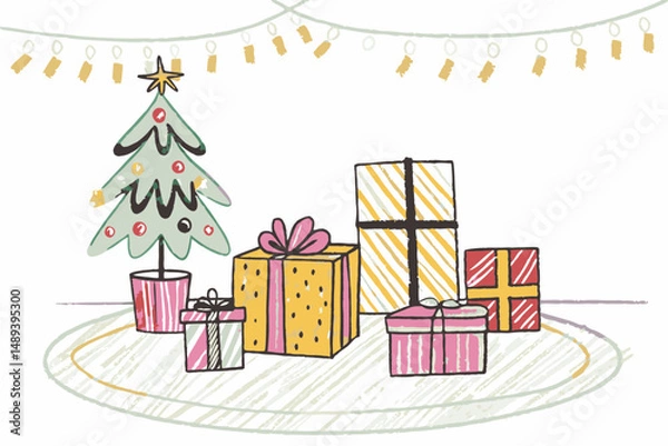 Fototapeta Cheerful Christmas tree surrounded by colorful gifts in a cozy home setting, representing joy and celebration of the holiday season.