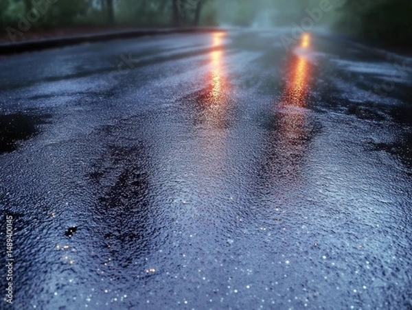 Fototapeta Wet asphalt road surface reflecting orange vehicle lights during rainy and foggy atmospheric conditions with blurred forest surroundings