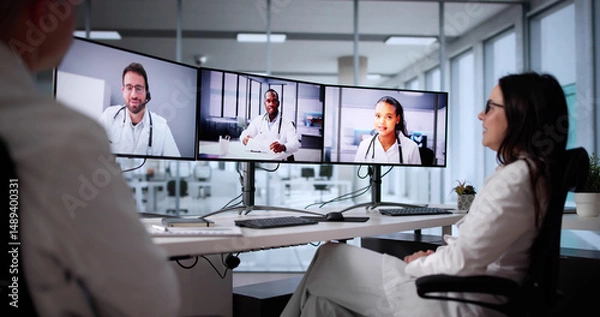 Fototapeta Caucasian Doctors Attending Telehealth Webinar Via Video Conference