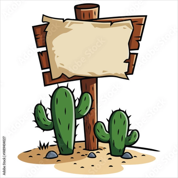Obraz Wild west wooden signpost with desert cactus