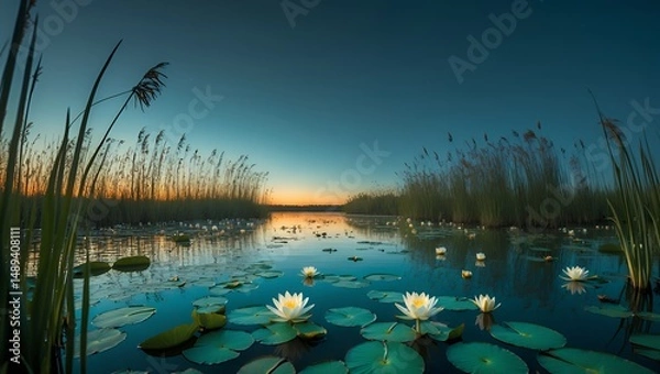 Fototapeta Water Lilies and Reeds at Twilight Reflecting in Calm Lake Water