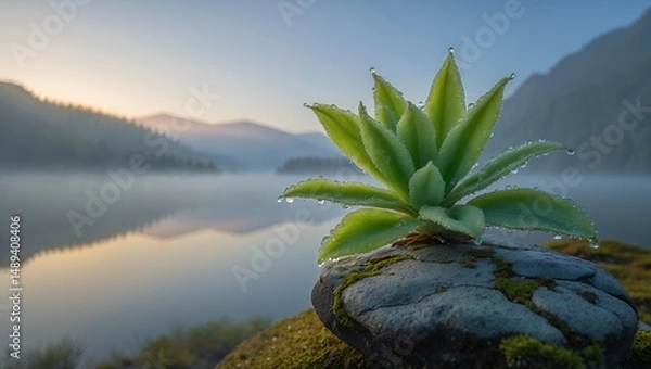 Fototapeta Succulent Growing on Rock Overlooking a Misty Mountain Lake