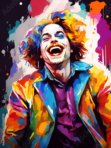 Obraz Expressive Joker with a Wide Smile in Vibrant Colorful Costume, Theatrical Entertainment Concept