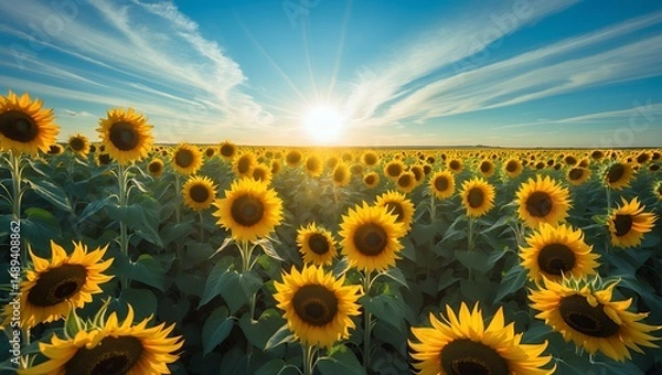 Fototapeta Sunflowers Field at Sunset with Blue Sky and Wispy Clouds