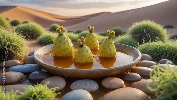 Fototapeta Cactus Fruits Floating in Bowl of Liquid amidst Desert Landscape