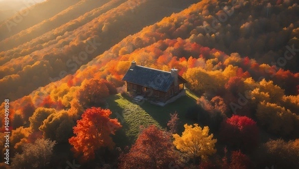 Fototapeta Cabin nestled among colorful autumn trees on a hillside landscape