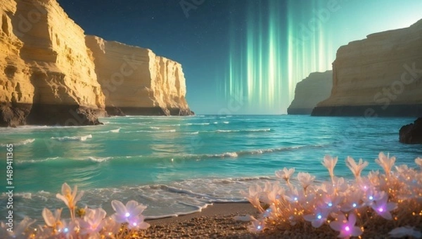 Fototapeta Coastal Cliffs and Aurora Borealis Sky with Flowers by the Shore