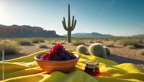 Fototapeta Desert Picnic Still Life Bowl of Berries on Yellow Blanket