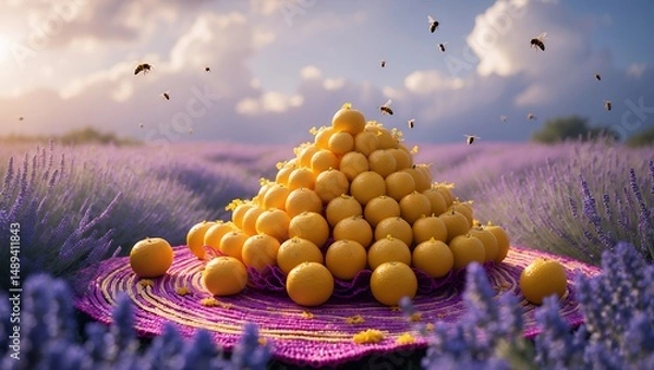 Fototapeta Stack of Oranges on Blanket in Lavender Field with Flying Bees