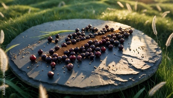 Fototapeta Serving Plums with Cinnamon on Stone Plate in Grassy Setting