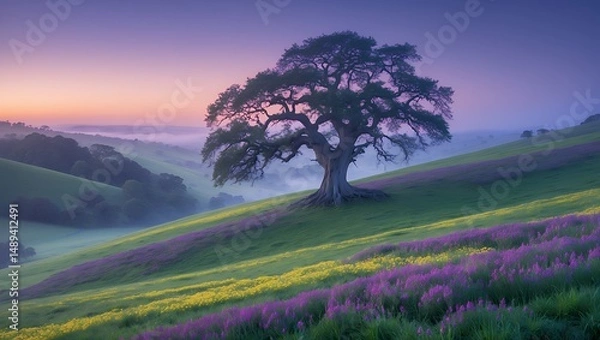 Fototapeta Majestic Oak Tree Stands on Hillside with Wildflowers at Dusk