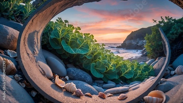 Fototapeta Viewing Beach Sunset Through Tunnel with Sea Shells and Plants