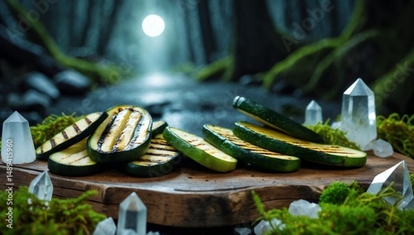 Fototapeta Grilled Zucchini Slices on Wooden Board in Enchanted Forest Setting