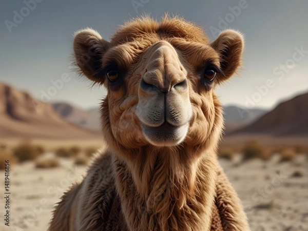 Obraz Close up of a dromedary camel in a desert landscape with sand and mountains in the background, creating a portrait of the animal in its natural habitat