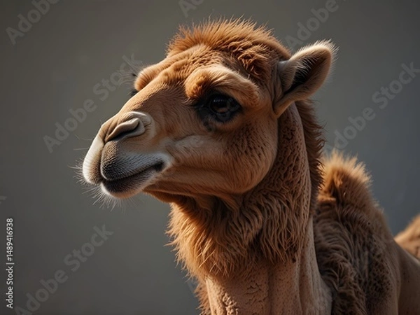 Obraz Close up of a dromedary camel against a neutral background. The animal is captured in profile, showcasing its distinctive features and textured fur