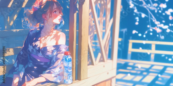 Obraz 縁側でくつろぐ女性。水彩画。イラスト。水彩。バナー素材。