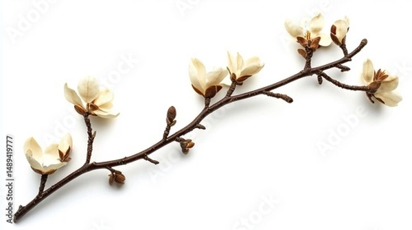 Obraz Elegant magnolia branch with delicate creamy white blossoms isolated on pure white background calm