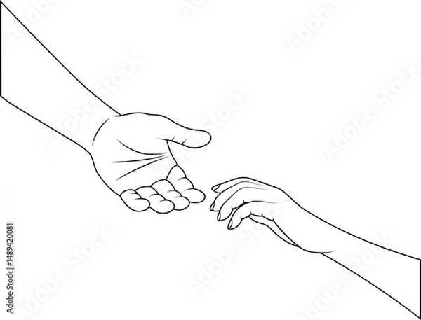 Obraz Line-drawn helping hands vector transparent PNG. One hand reaching down and another reaching up. Supporting hands. Call for aid. Asking for help. Outlined hands PNG.