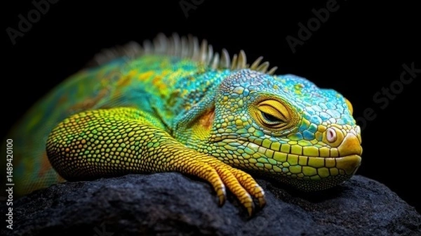 Fototapeta Vibrant iguana resting on dark rock