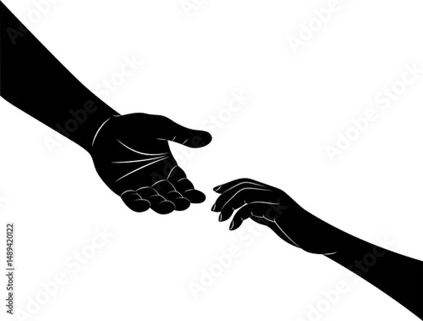 Obraz Silhouette helping hands vector transparent PNG. One hand reaching down and another reaching up. Supporting hands. Call for aid. Asking for help. Silhouette hands PNG.