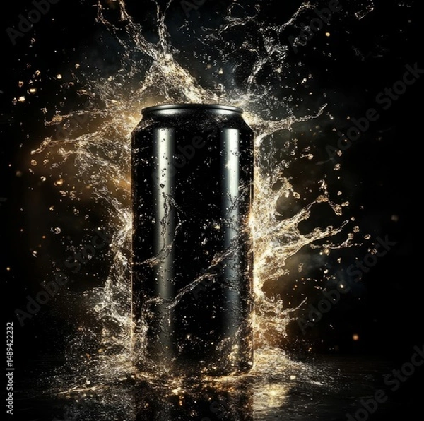 Obraz Refreshing Splash: A sleek, black aluminum can, seemingly drenched in a dynamic splash of water, creating a visually arresting image with light reflecting off the wet surface.