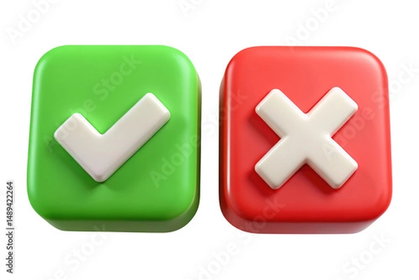 Fototapeta 3D Green Check Mark and Red Cross Icon Set for UI, App Feedback, or Approval Interface isolated on transparent white background, clipping path