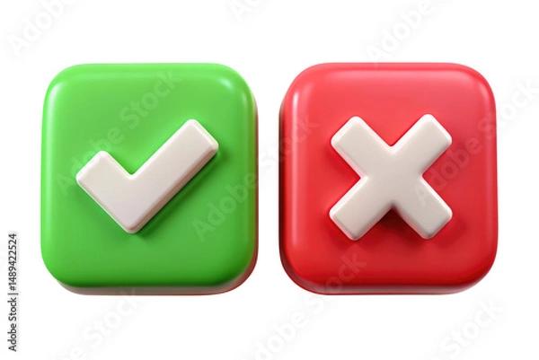 Fototapeta 3D Green Check Mark and Red Cross Icon Set for UI, App Feedback, or Approval Interface isolated on transparent white background, clipping path