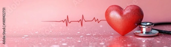 Fototapeta Red heart shape next to stethoscope on pink surface with red heartbeat line symbolizing heart health and medical care