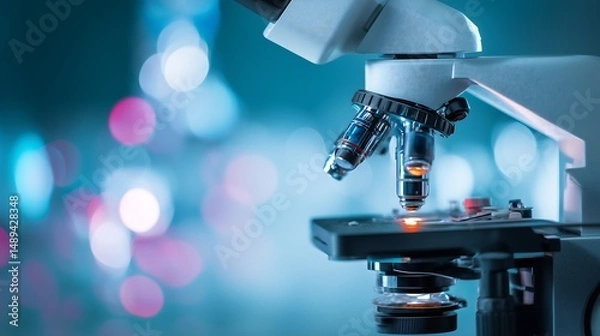 Obraz Modern Science Lab with Microscope and Abstract Background. Generative AI