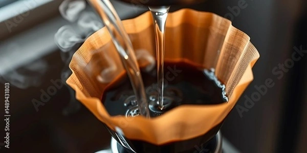 Fototapeta Steaming hot water gently flows into a coffee filter, brewing rich coffee,  espresso, aroma