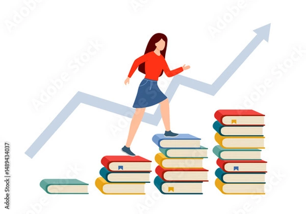 Fototapeta Female student going from one education level to another. Girl steps up stairs of books on white background