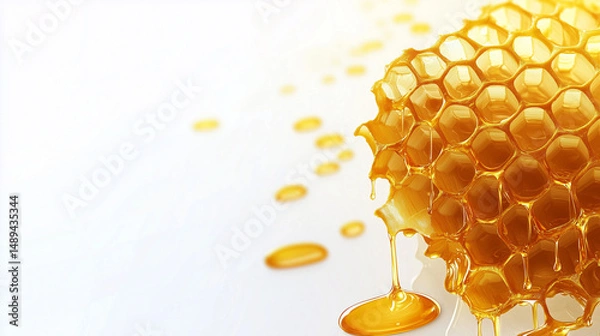 Obraz honeycomb banner, clean white background, golden honeycomb with neat hexagonal shape, honey drops flowing slowly in the corners, Ai generated images