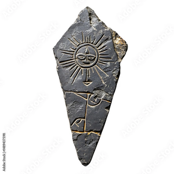 Obraz A Cracked Stone Arrow with Incan Sun God Motifs Isolated on Transparent Background