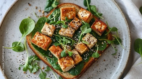 Fototapeta Delicious crispy tofu toast with spinach and sesame seeds healthy vegan breakfast food eat meal dish