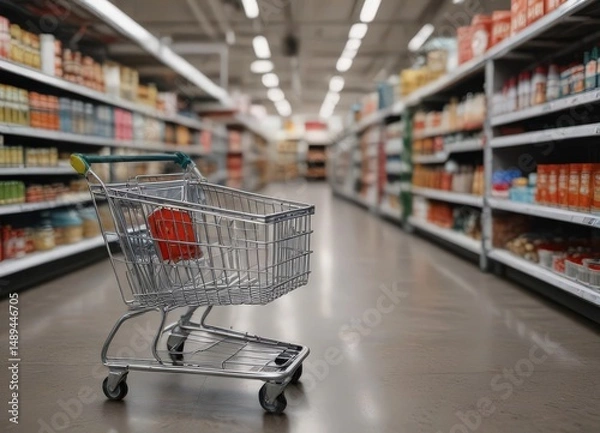 Fototapeta Small house model inside a supermarket shopping trolley ,  retail,  miniature house