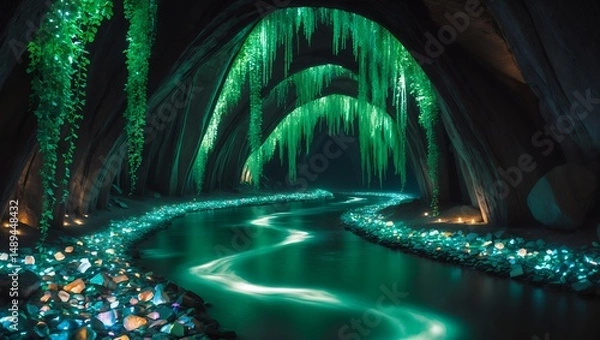 Fototapeta Glowing River Flowing Through Cave with Hanging Vines and Sparkling Stones