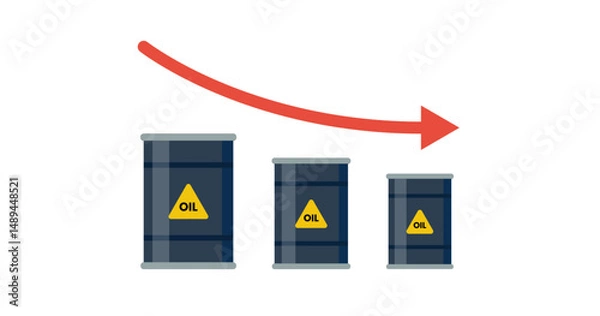 Obraz The illustration shows three oil barrels decreasing in size with a red arrow pointing down, symbolizing falling oil prices or reduced oil production.