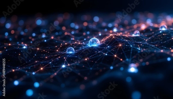 Obraz A network of glowing interconnected nodes spreads across a dark backdrop, resembling a complex neural network. Light pulses rhythmically along the connections, suggesting the flow of information