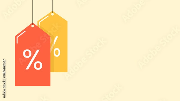 Obraz Illustration of red and blue hanging price tags with a percentage symbol on one of the tags, representing a discount or sale offer.