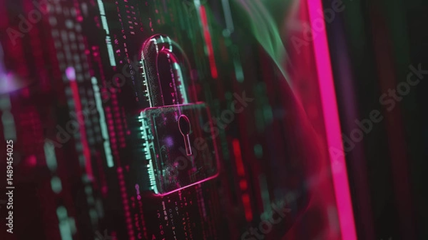 Fototapeta Glowing digital padlock with cracked screen symbolizing cybersecurity vulnerability and data breach risk, concept of online safety and digital protection.