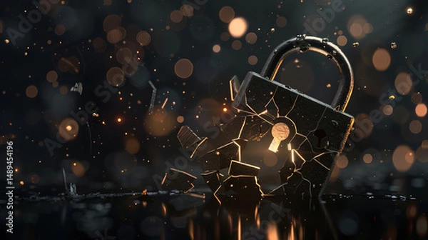 Fototapeta Glowing digital padlock with cracked screen symbolizing cybersecurity vulnerability and data breach risk, concept of online safety and digital protection.