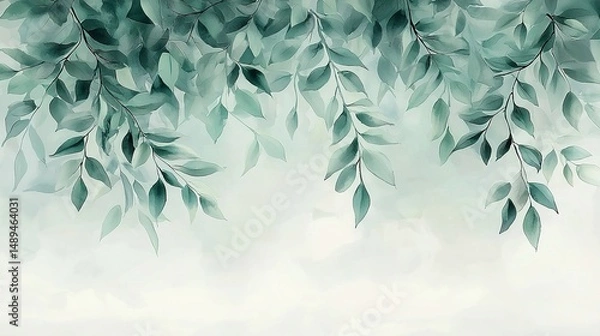 Fototapeta Delicate, muted green leaves gracefully cascade down a pale background.