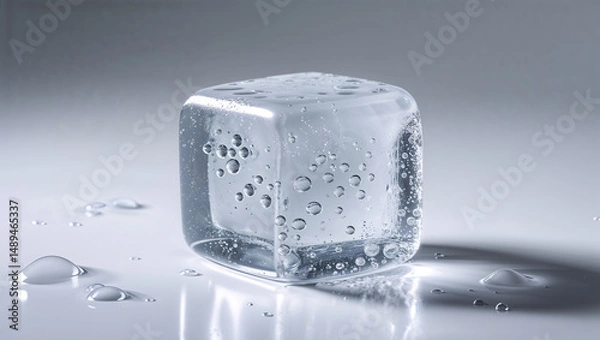 Fototapeta A single ice cube with air bubbles sitting on a reflective surface with water droplets around it