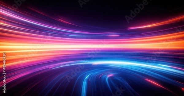 Fototapeta Abstract dynamic curved streaks of neon light in purple, pink, red, orange, and blue creating a futuristic glowing tunnel effect with motion and depth