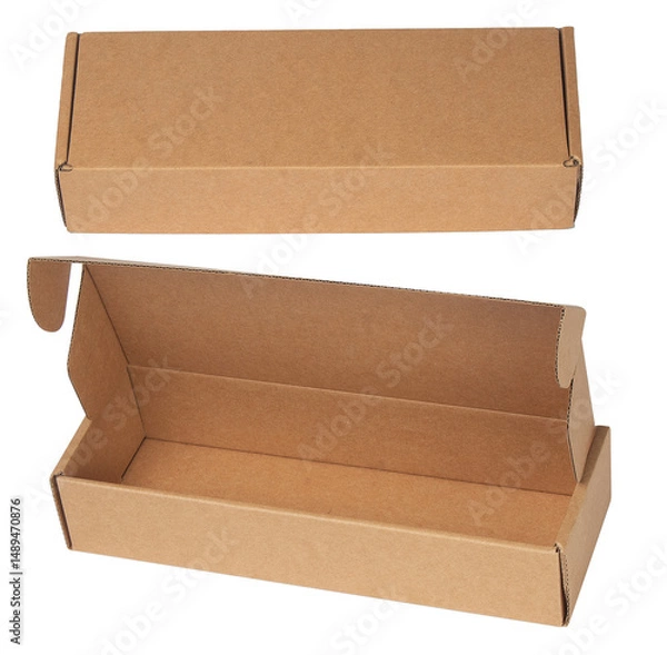 Obraz Long rectangular brown kraft cardboard box shown in both open and closed positions.