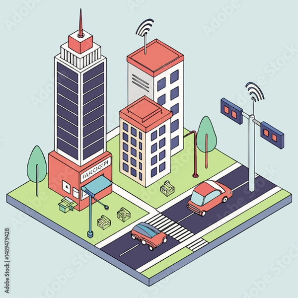 Fototapeta Smart city concept. Isometric Smart City with Renewable Energy and Eco Transport.  Outline isometric illustration.