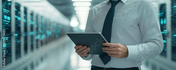 Fototapeta Businessman holding a tablet in a data center environment.